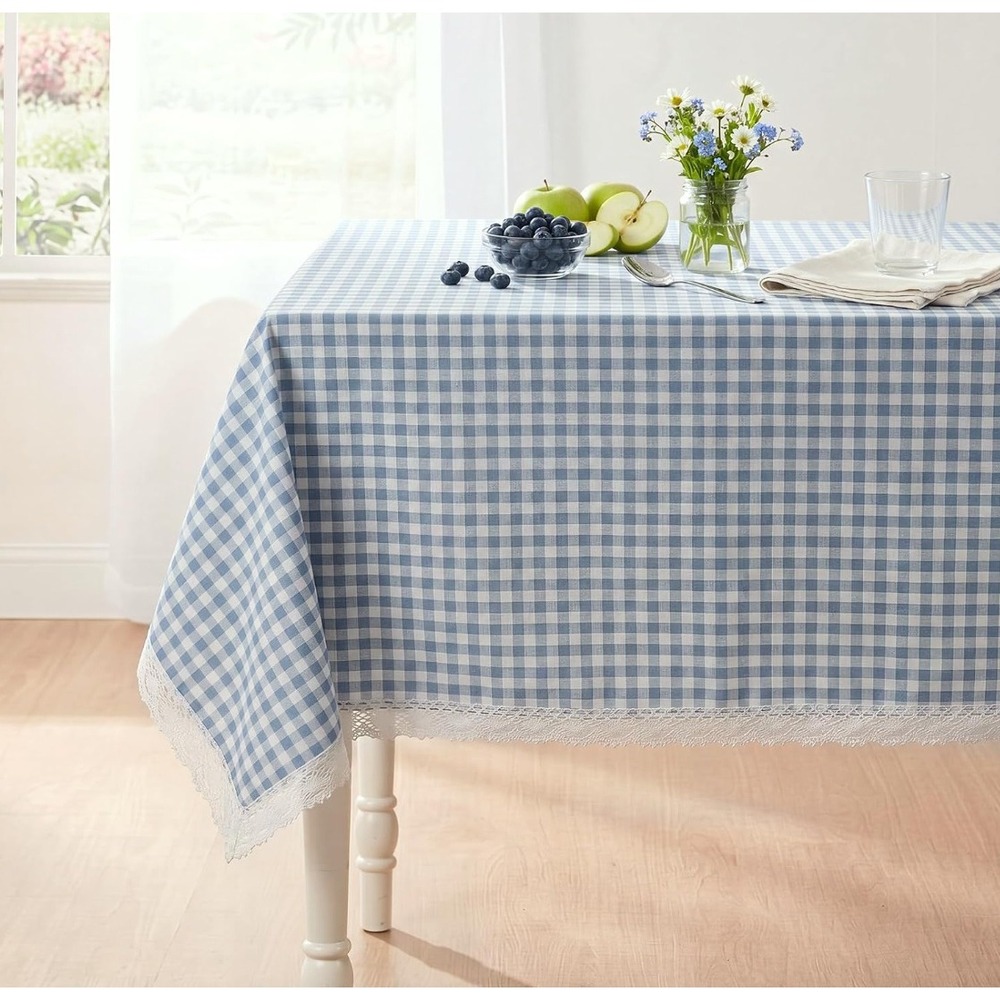 Blue Gingham Checkered Tablecloth with White Lace Trim | 52x70 Rectangular NEW